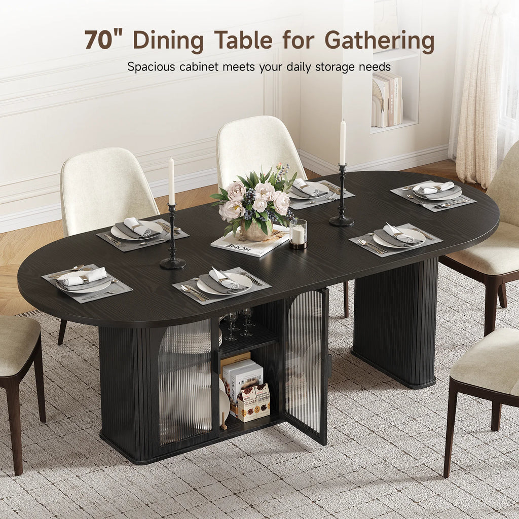 Duskhalo Black oval table with open storage cabinet.