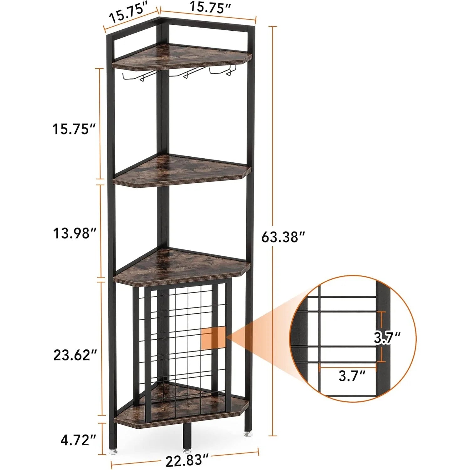 Corner shelf with dimensions labeled on a white background