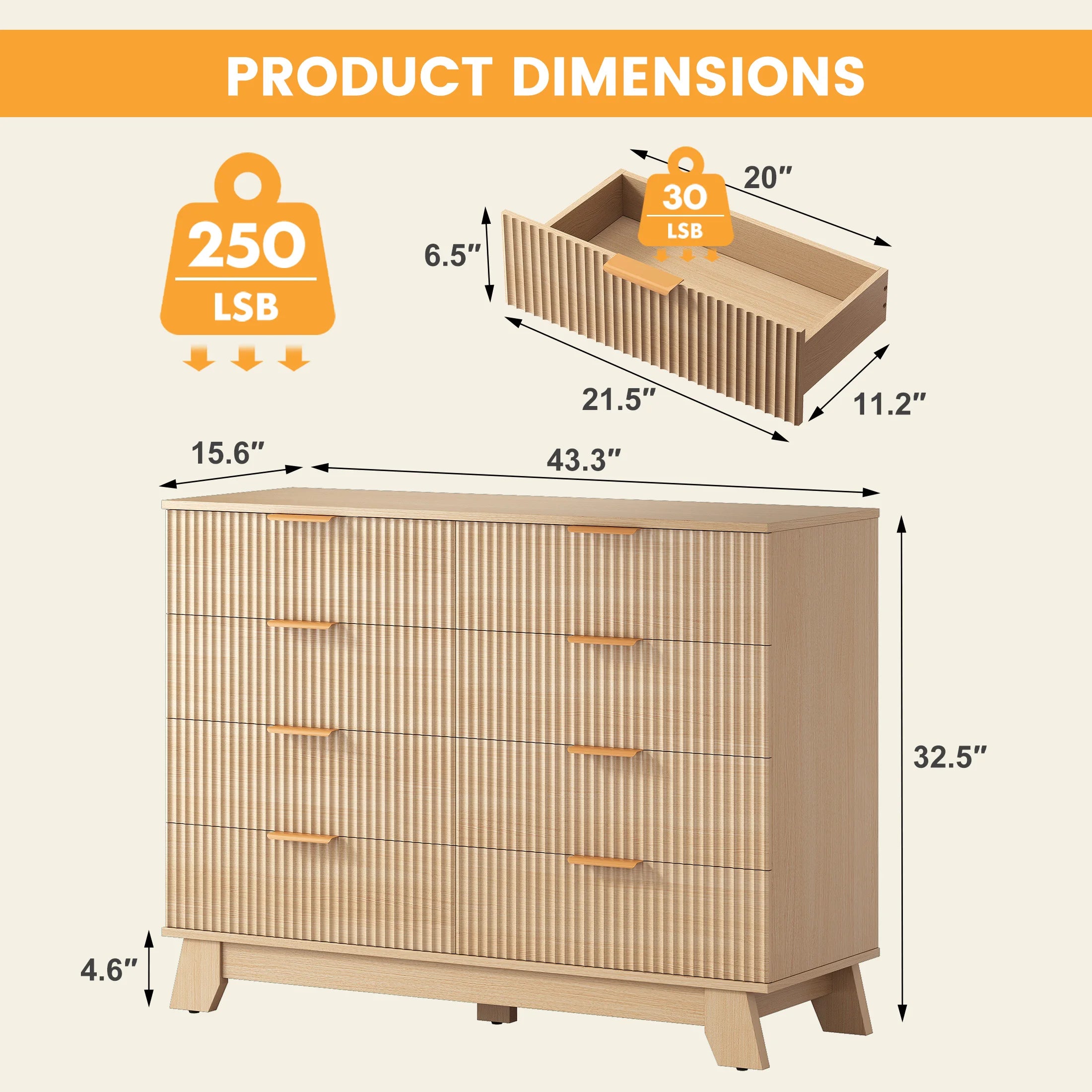 Tressa Fluted Eight-Drawer Dresser