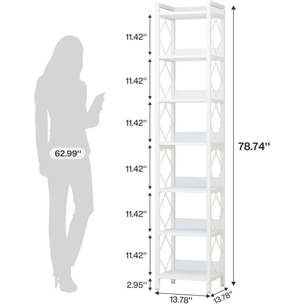 White corner bookshelf with dimensions indicated by a silhouette of a person for scale.