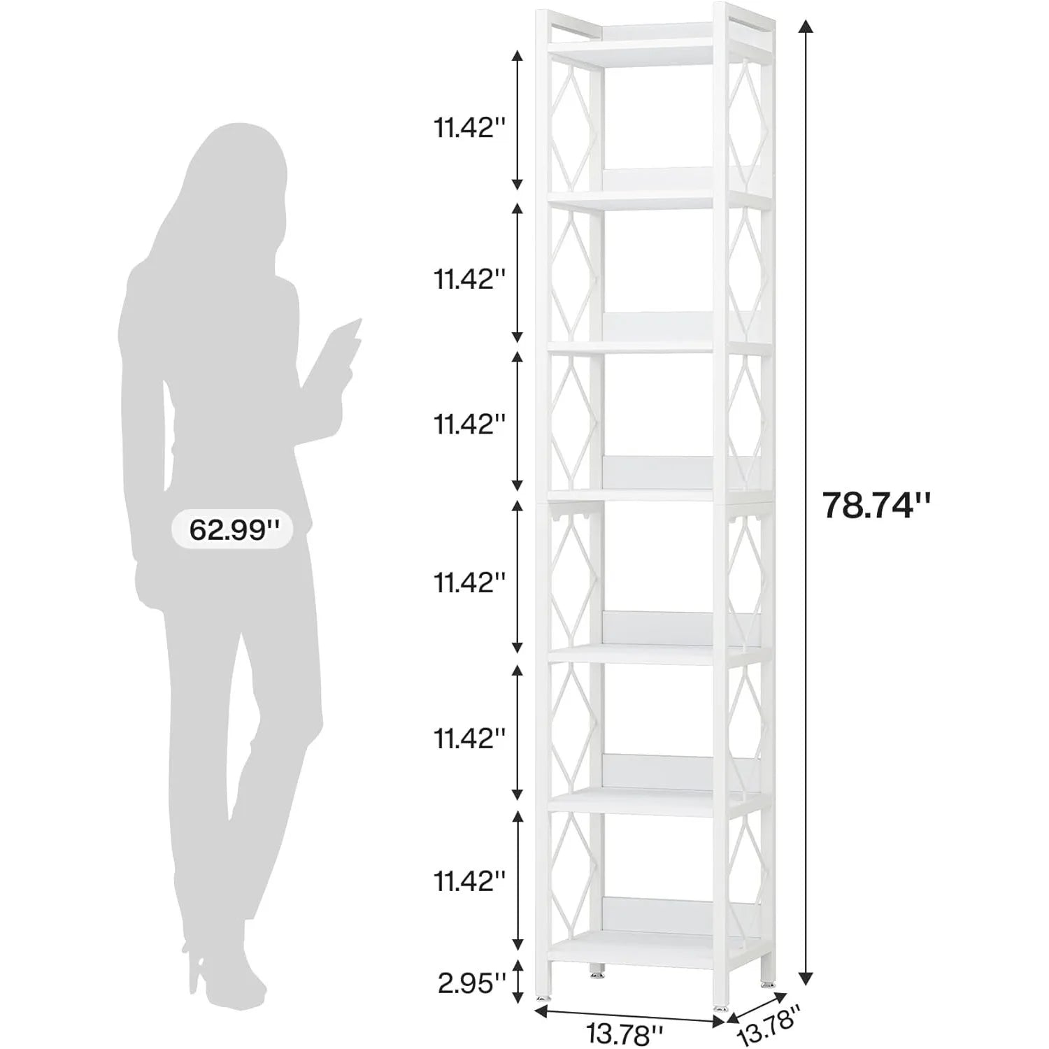 White corner bookshelf with dimensions indicated by a silhouette of a person for scale.