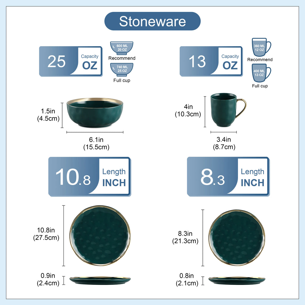 Stoneware product dimensions and capacity information with green ceramic items.