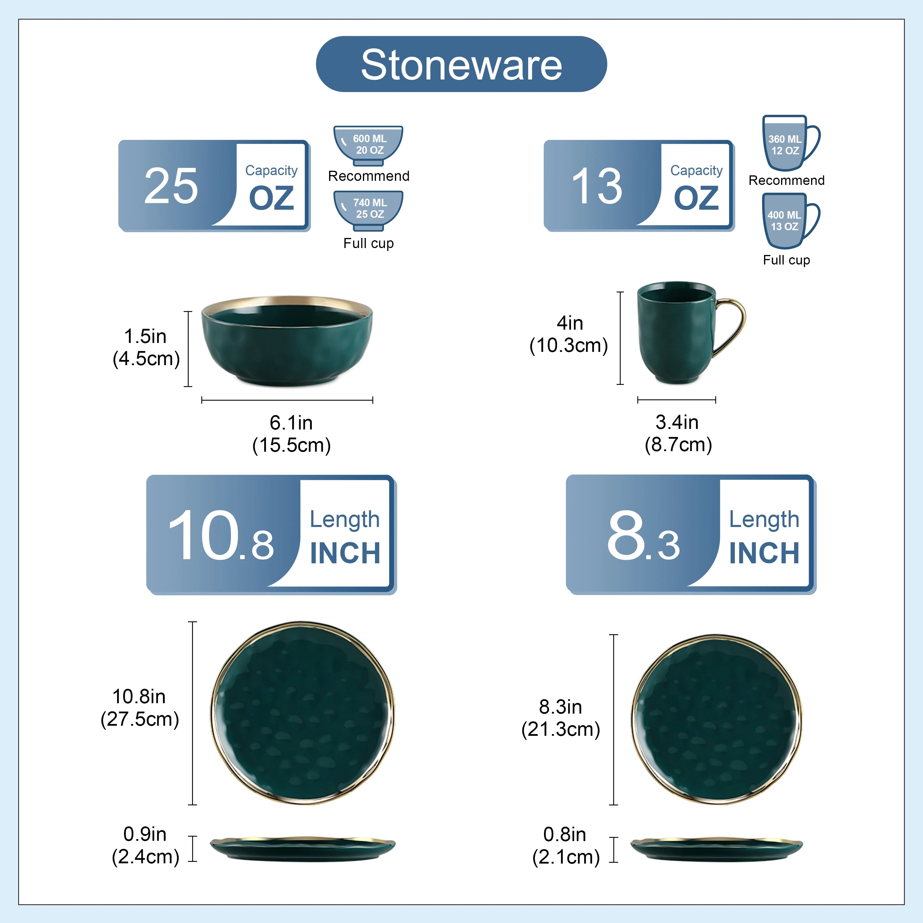 Stoneware product dimensions and capacity information with green ceramic items.