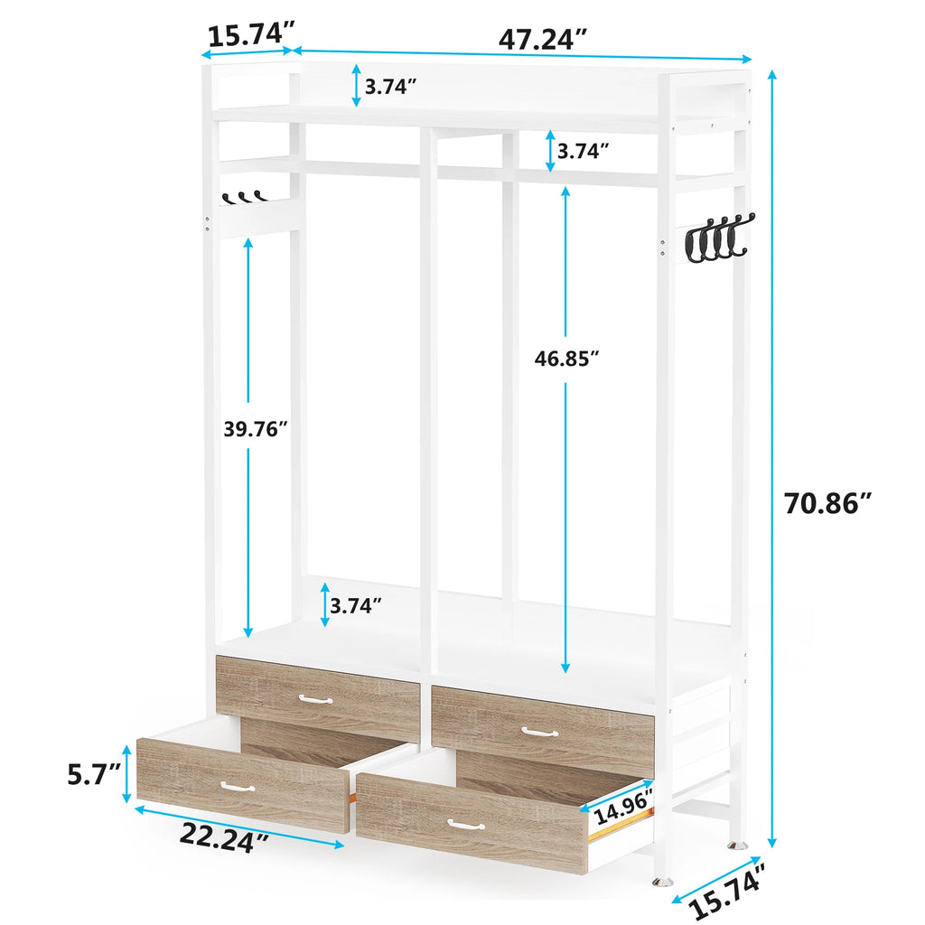 White and light wood storage closet rack with dimension annotations showing measurements in inches.