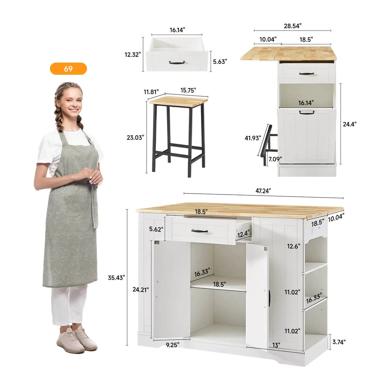 Sablecharm dimension diagram showing expanded island, top sections, drawers, storage and stools in inches