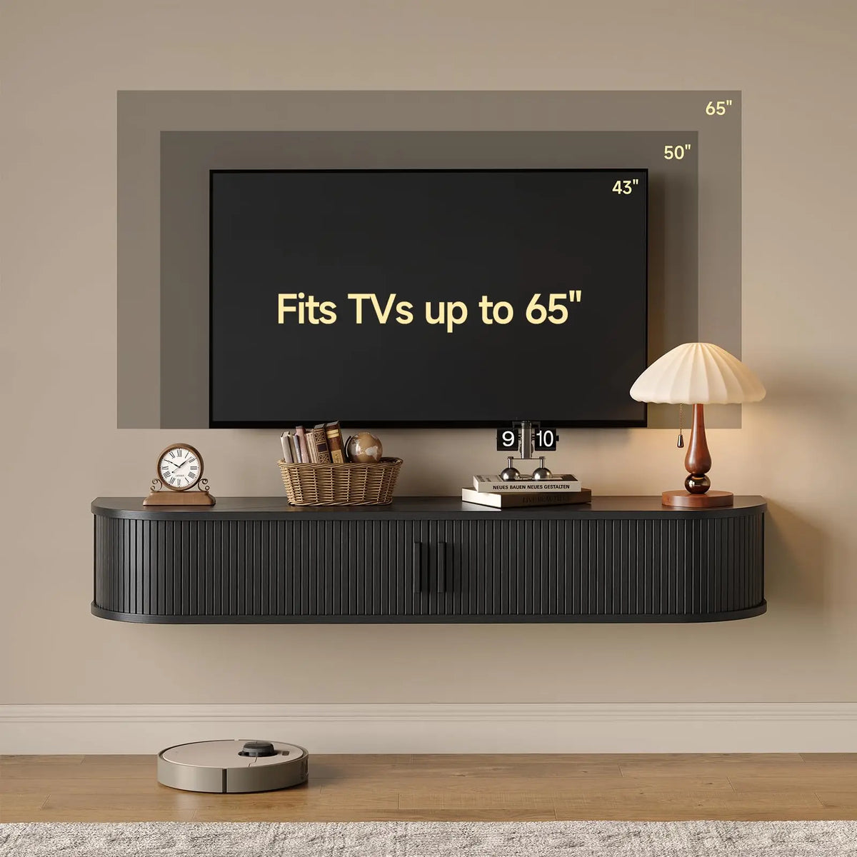 Black floating TV cabinet beneath a graphic comparing 43-, 50- and 65-inch wall-mounted screens.