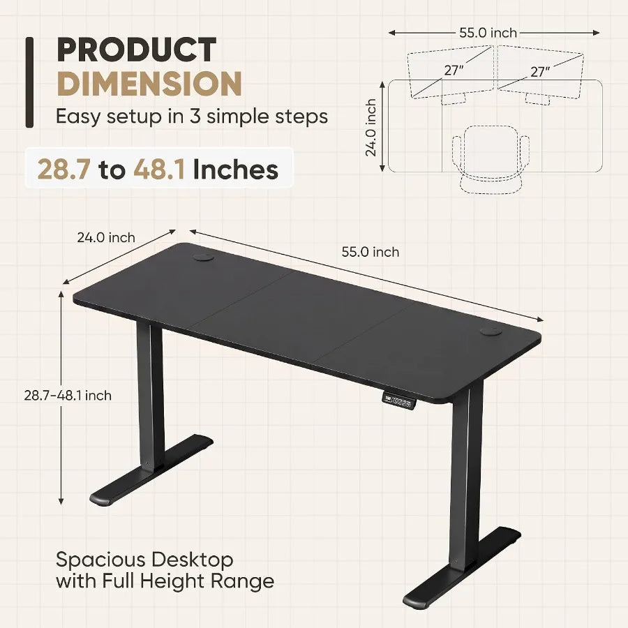 Height-adjustable desk dimension chart with a 55-inch work surface