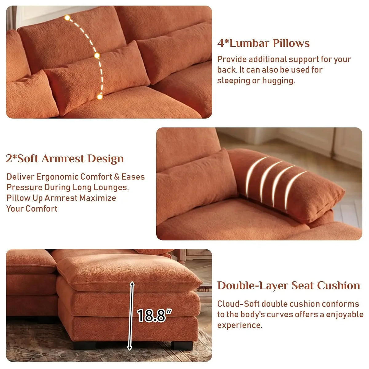 Sectional sofa feature graphic showing four lumbar pillows, pillow arms and double-layer cushions