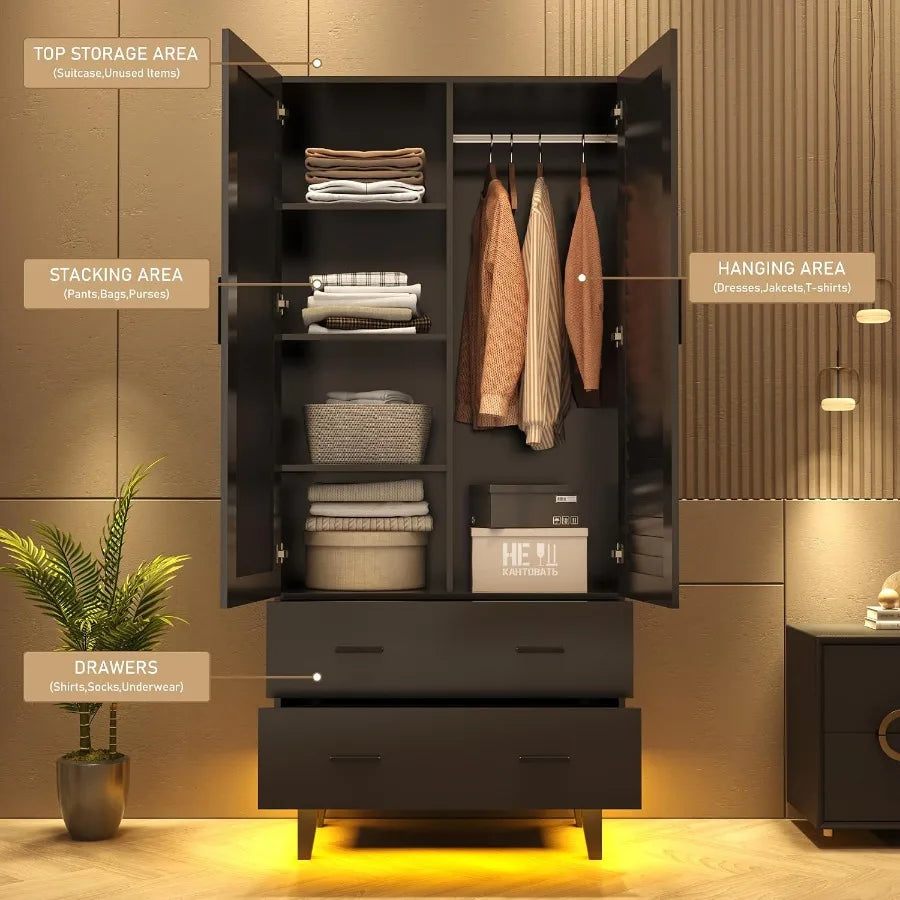 Storage-zone graphic labeling the cabinet top, left shelves, right hanging compartment, and lower drawers.