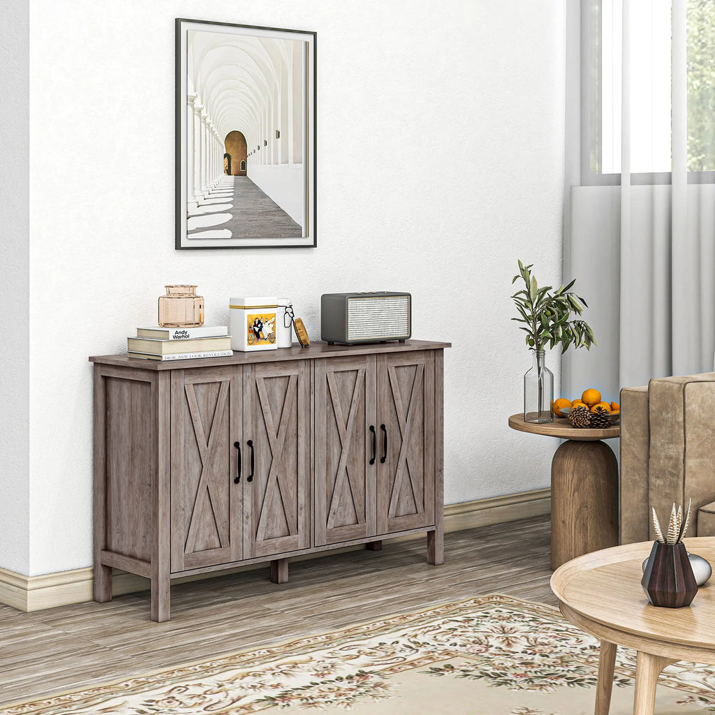 Silhouetteveil gray farmhouse sideboard styled against a living-room wall