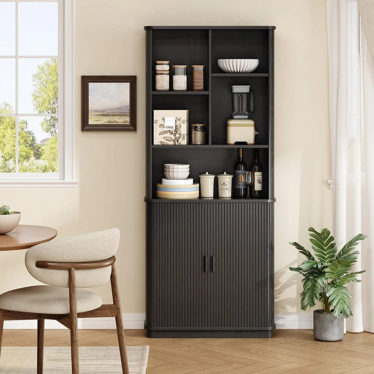Black color variant of Hushbloom with open upper compartments and closed fluted lower doors
