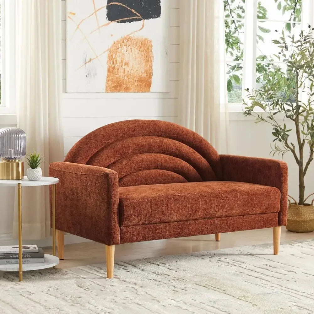 Ocherline compact rust-ocher loveseat with layered curved rainbow backrest