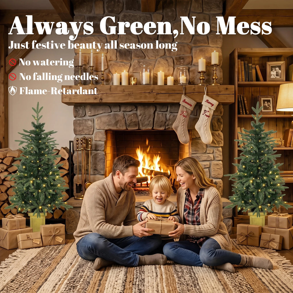 Aspenglow paired pre-lit trees shown with flame-retardant foliage