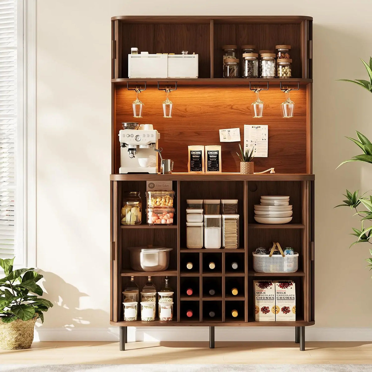 Sablenote brown bar cabinet with open sliding doors, stemware holders, side shelves and nine wine cubbies.