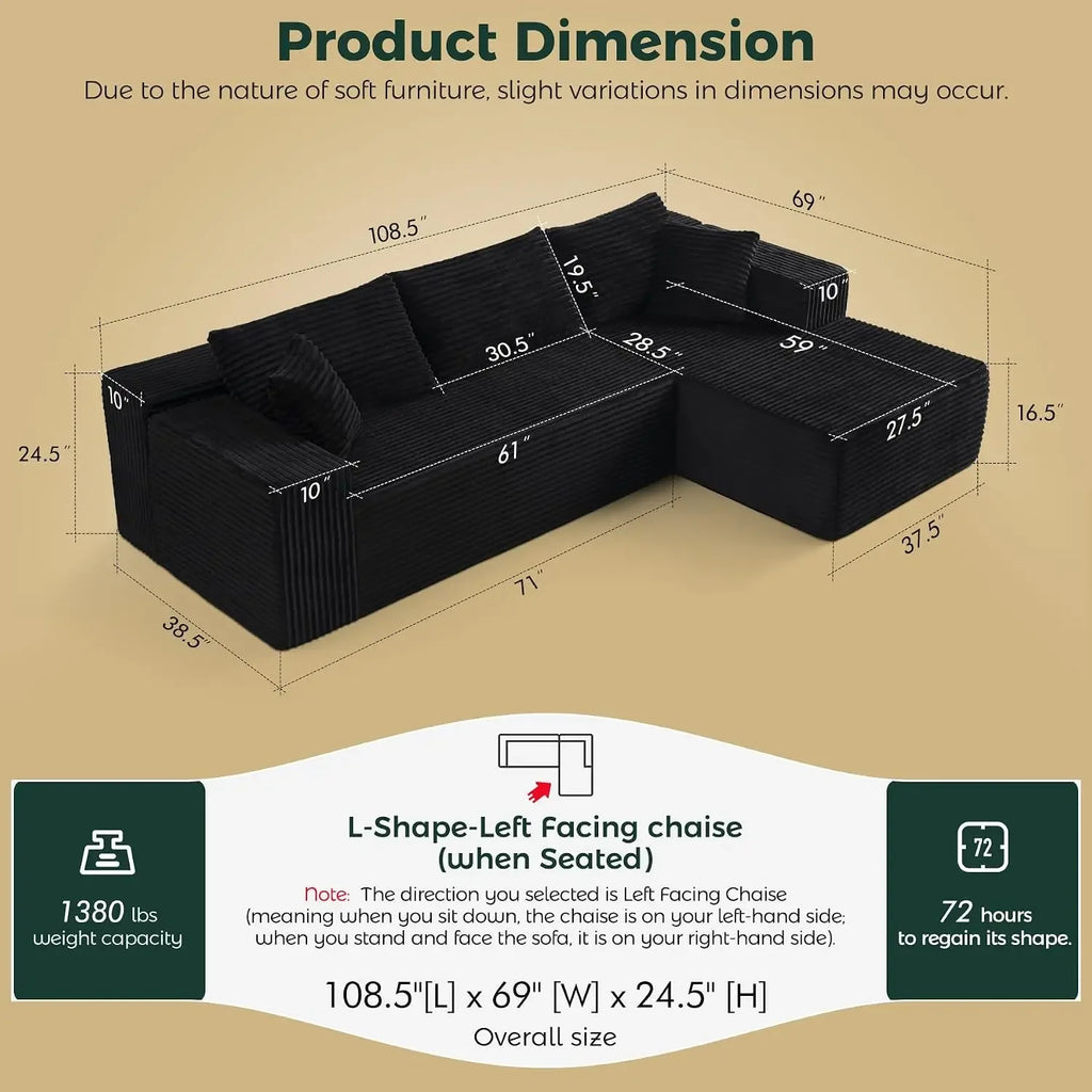Sablewynn sectional dimension card showing an approximate 108.5-inch width, 69-inch chaise projection and 24.5-inch height