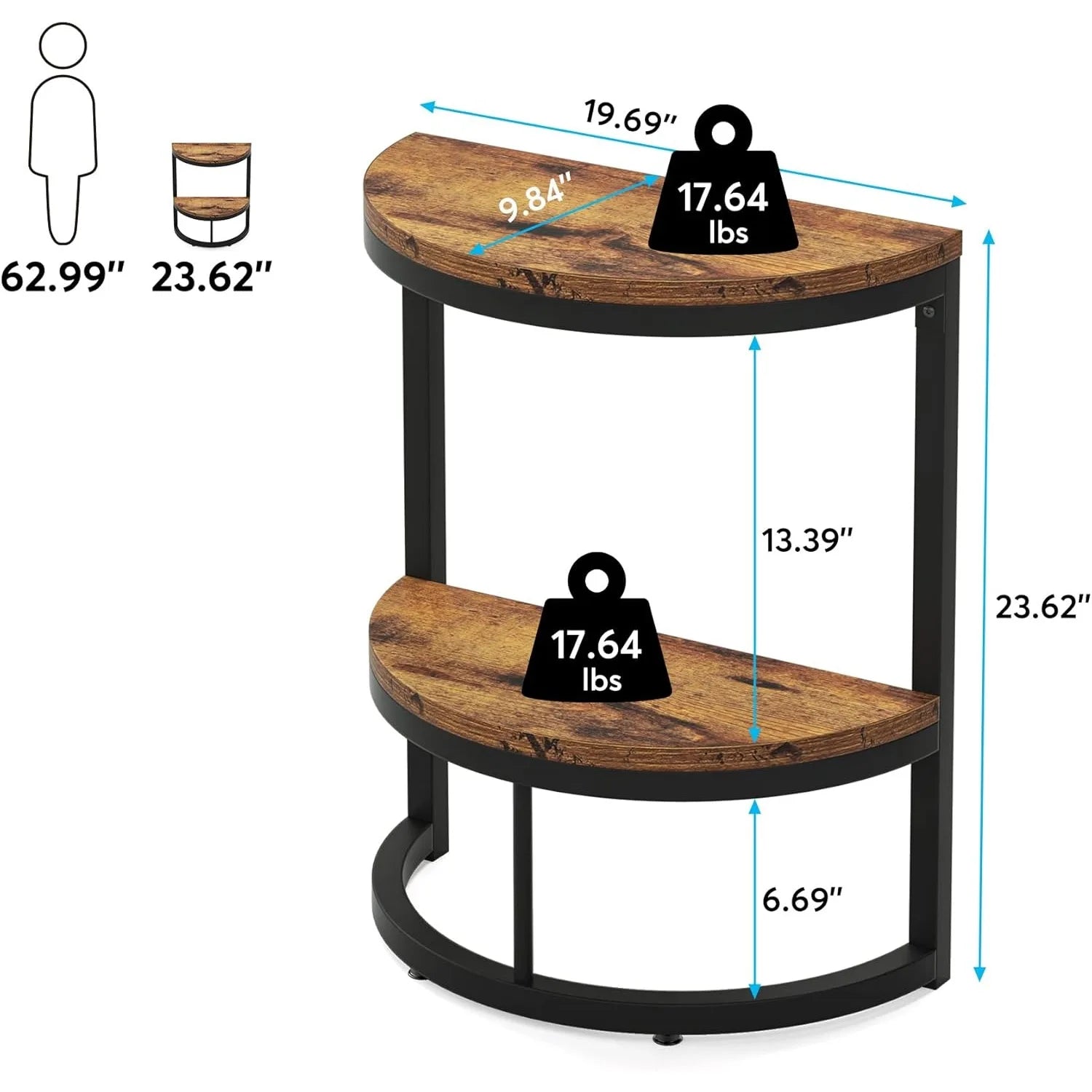Wooden side table with measurements on a white background