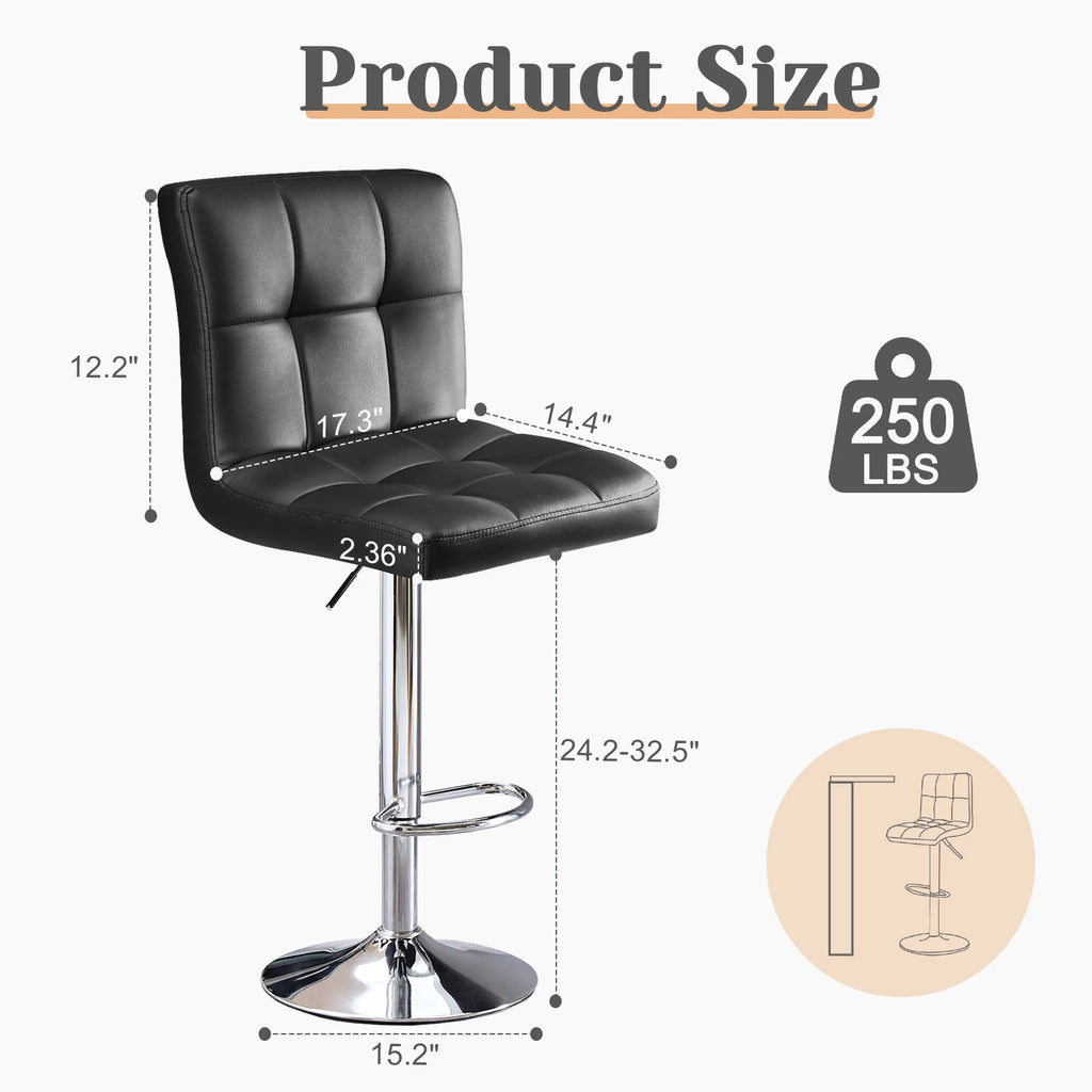 Black bar stool with measurements and weight capacity on a white background