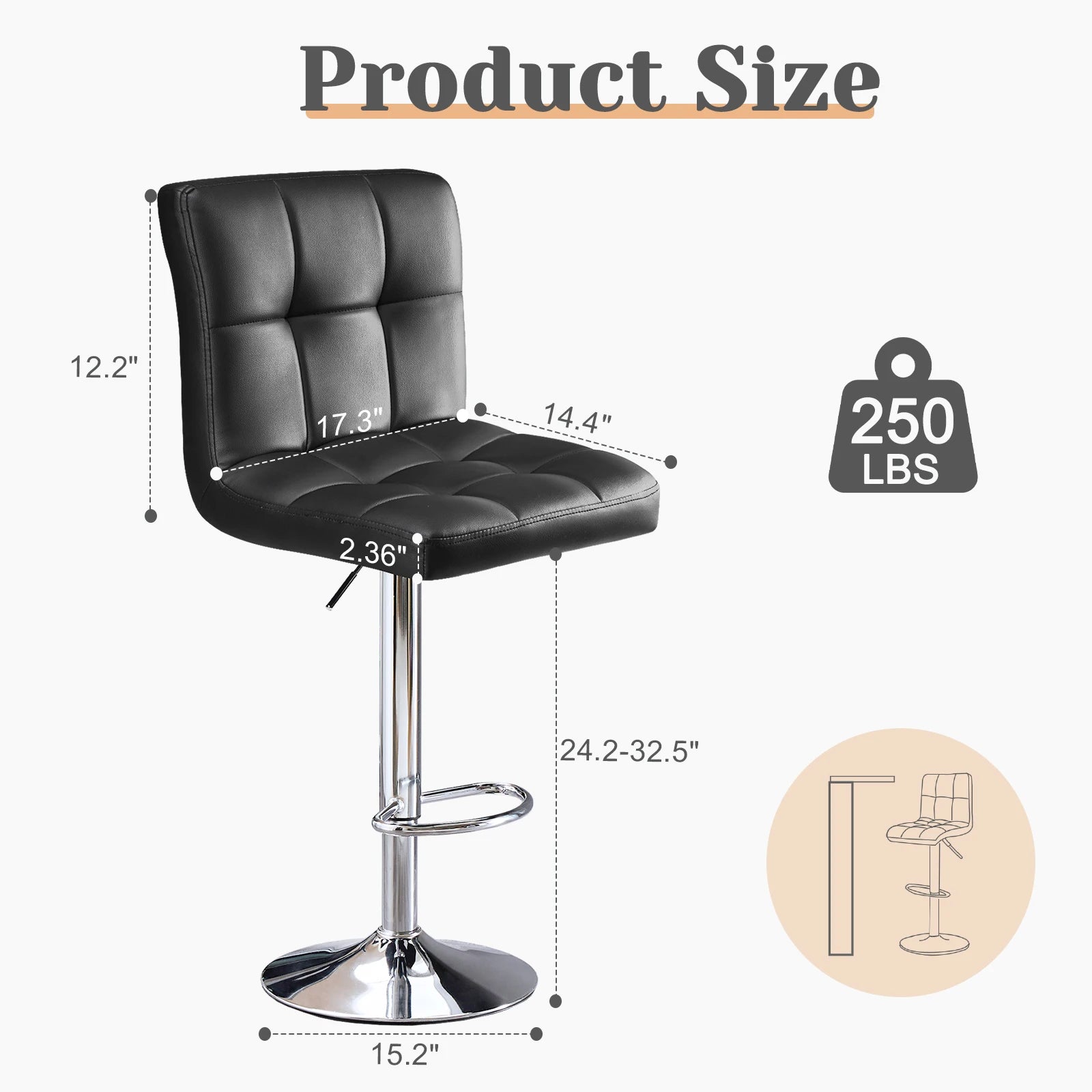 Black bar stool with measurements and weight capacity on a white background