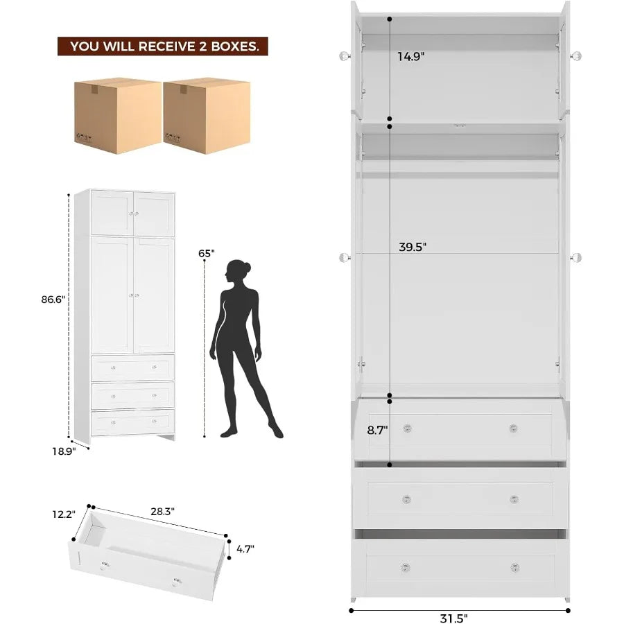 Storage measurements for the white armoire, including a 28.3-by-12.2-by-4.7-inch drawer diagram.