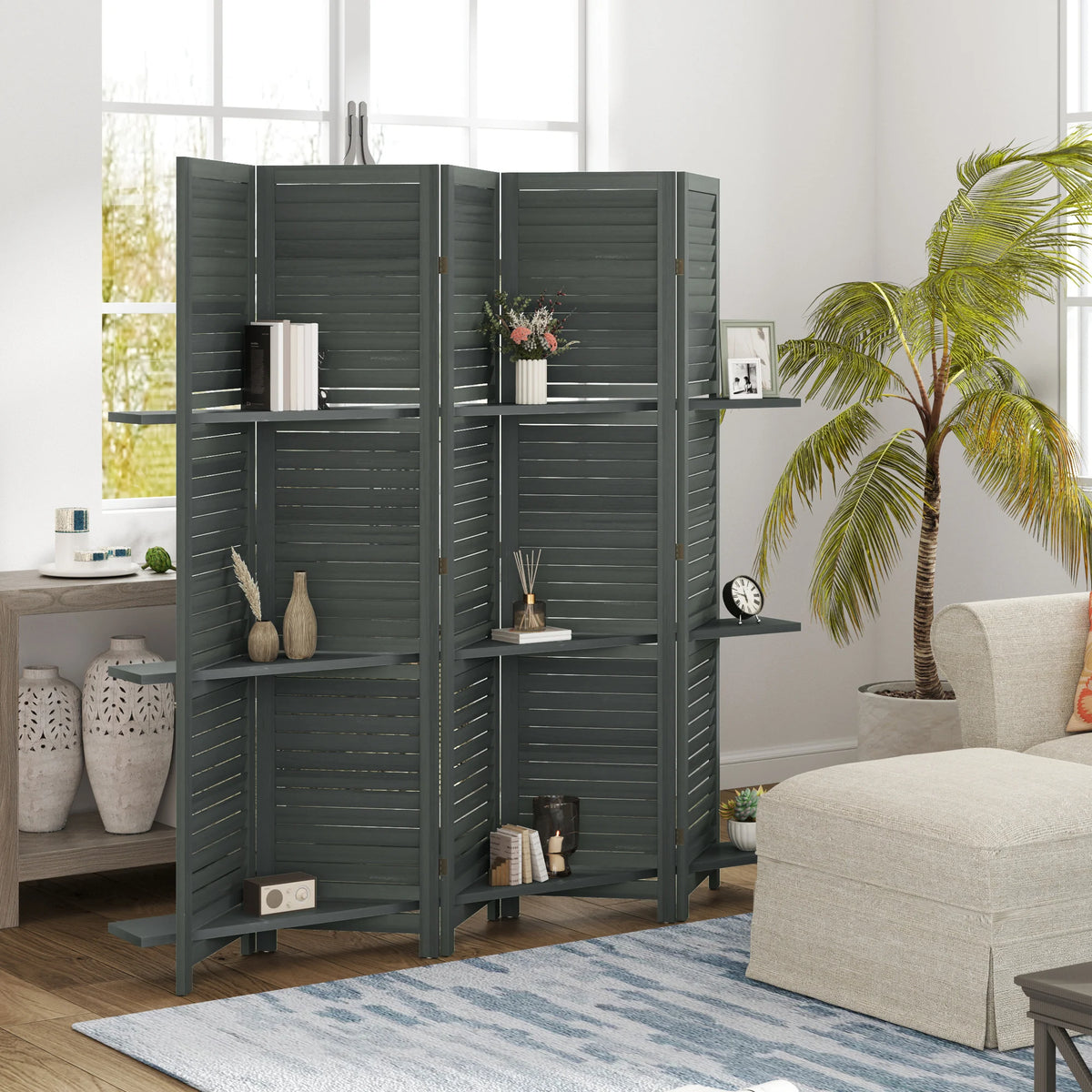Sleekfold Room Divider with Shelves – Gray