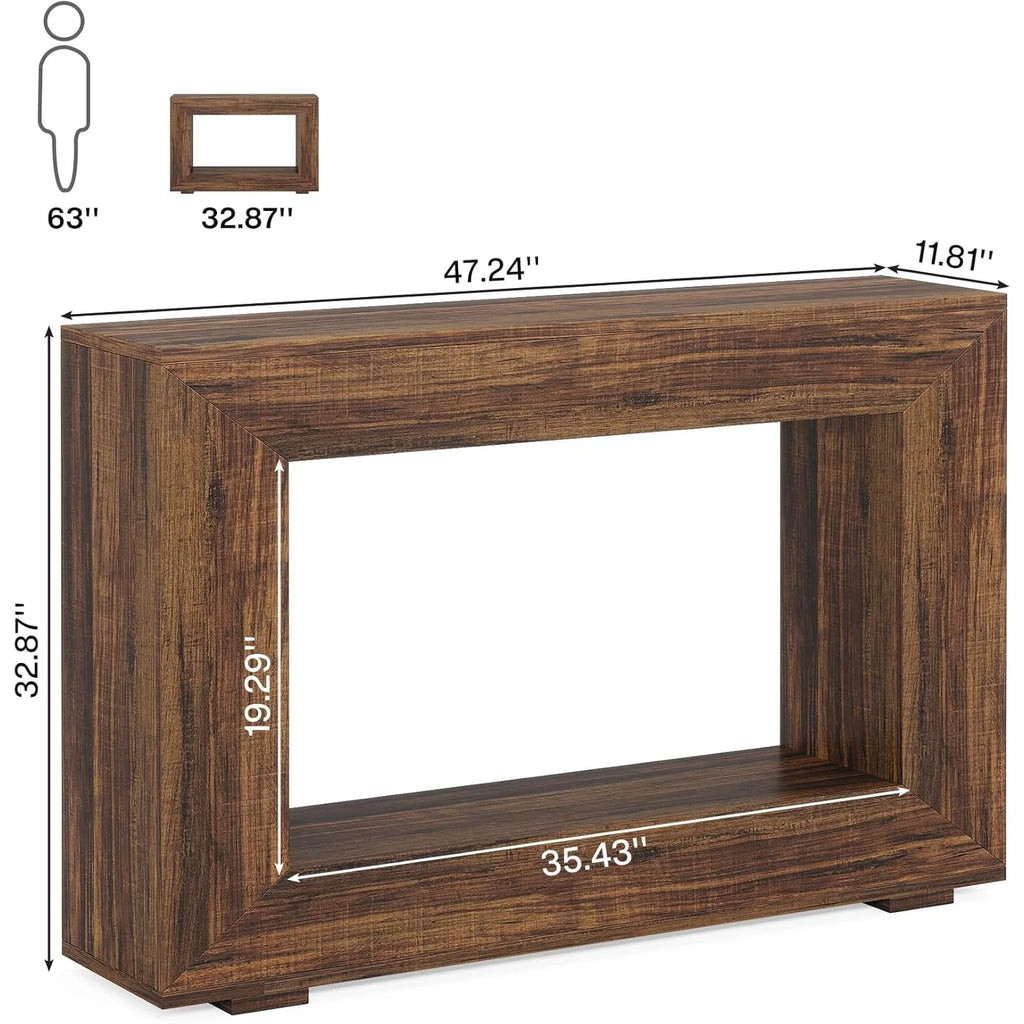 Wooden console table with dimensions labeled on a white background