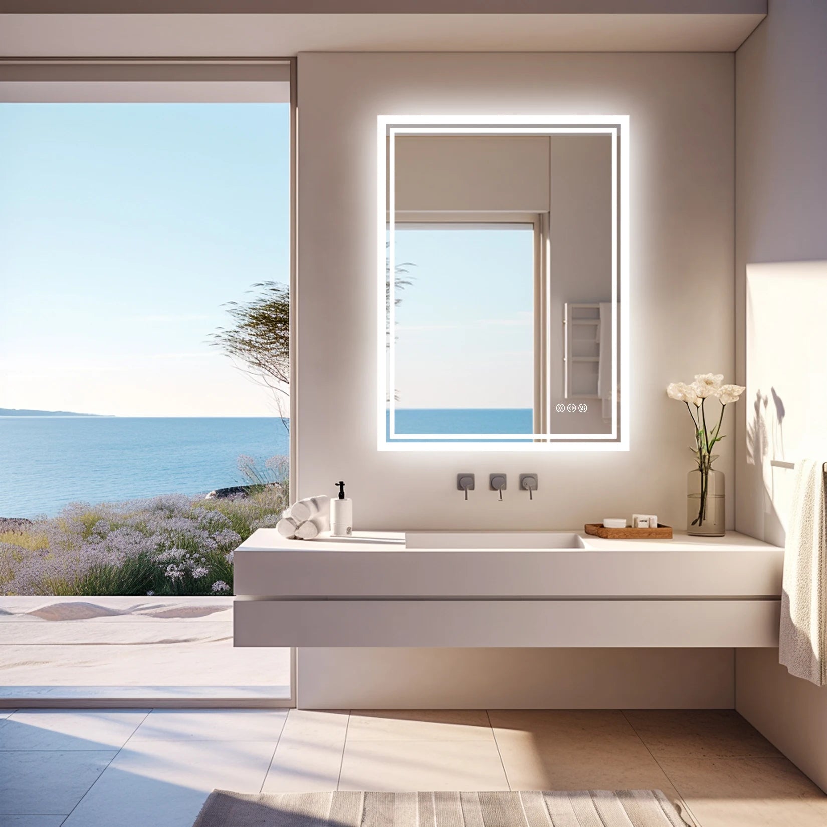 Aurora LED Rectangle Bathroom Mirror with Anti-Fog and Dimmable Light