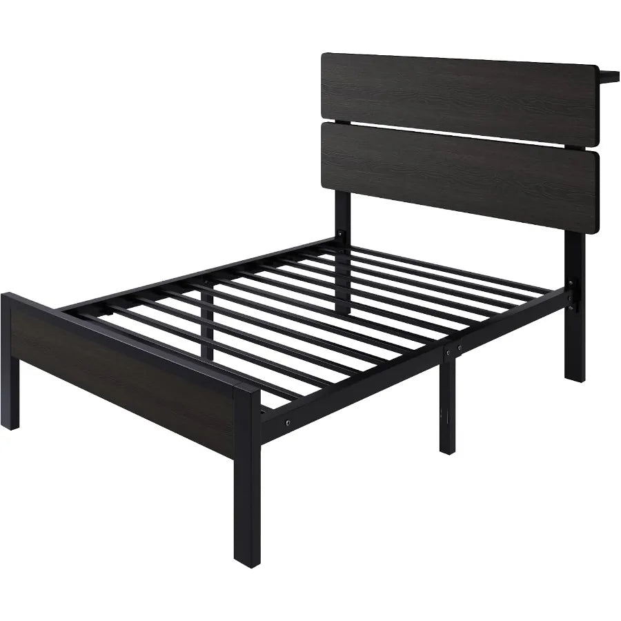 Black twin frame without a mattress, showing metal slats and wood-grain-look panels