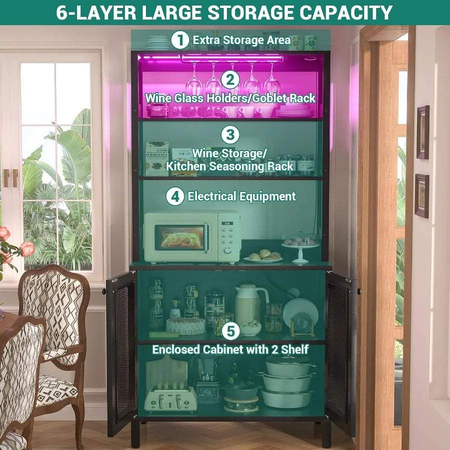 Storage-zone graphic showing the black cabinet top, stemware rack, open shelves, counter, and two lower storage levels.