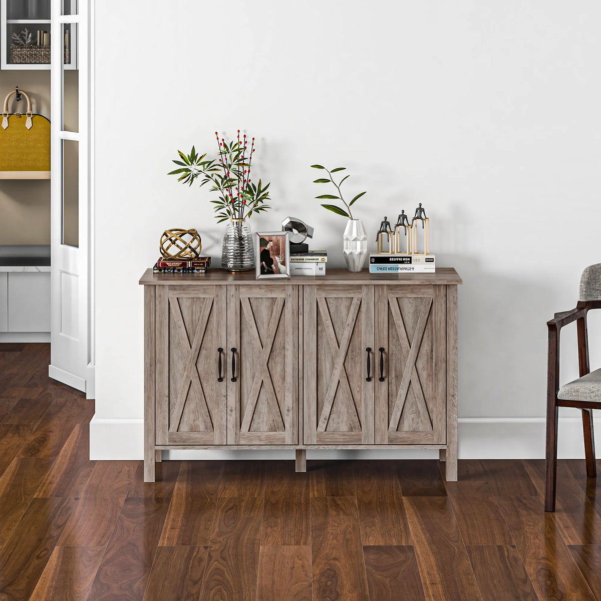 Silhouetteveil four-door cabinet with gray wood-grain finish and black handles