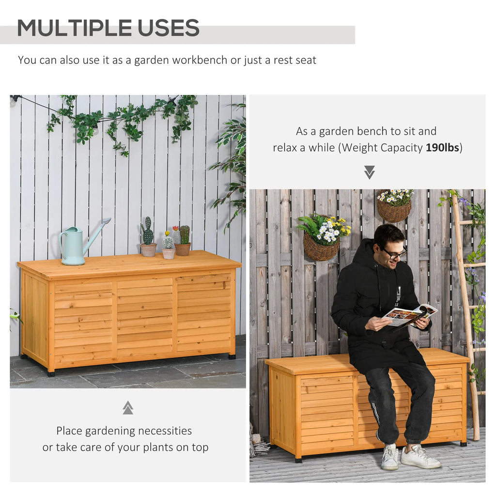 Langmere deck box used as a garden work surface and occasional seat with 190 lbs. capacity