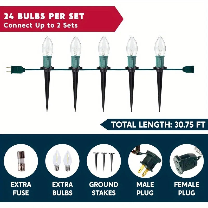 Glowtrail 24-bulb string-light contents with stakes and replacement accessories.