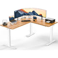L-shaped desk with a light woodgrain top, white height-adjustable legs and a multi-monitor setup.