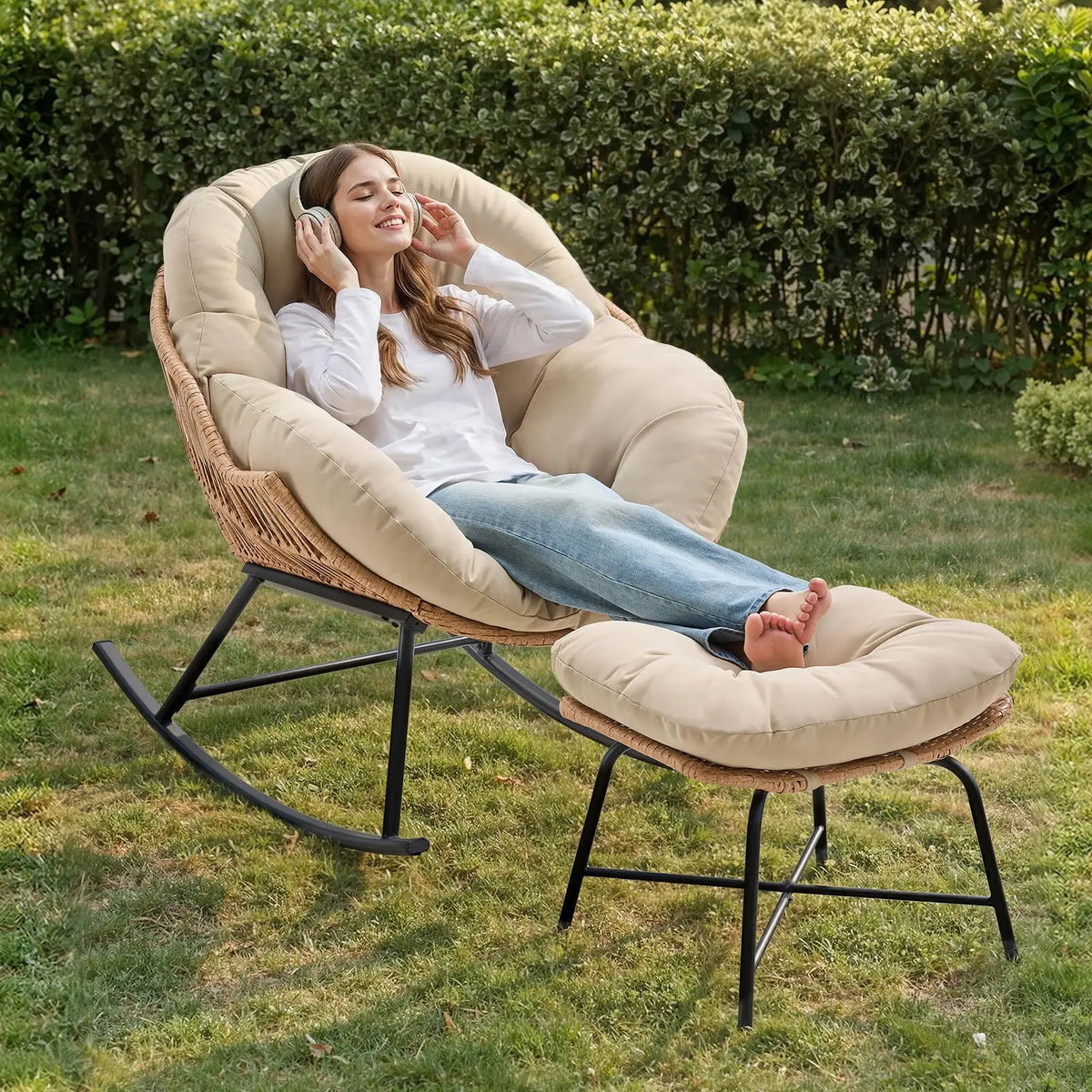 Harper Rattan Papasan Rocking Chair with Ottoman