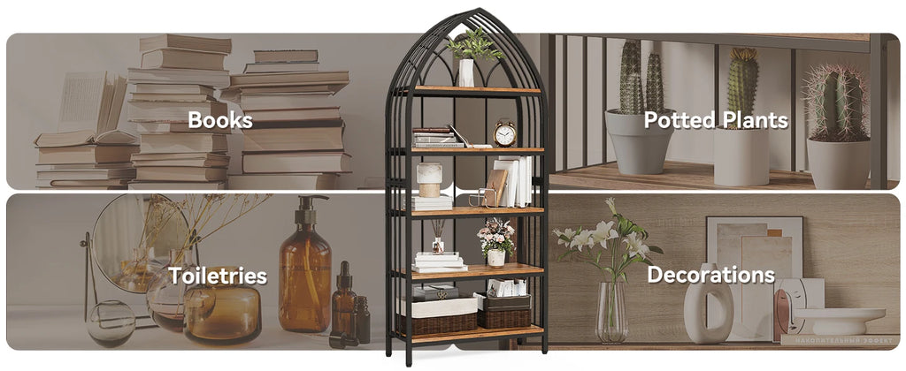 Arched Metal Bookshelf with Open Shelves