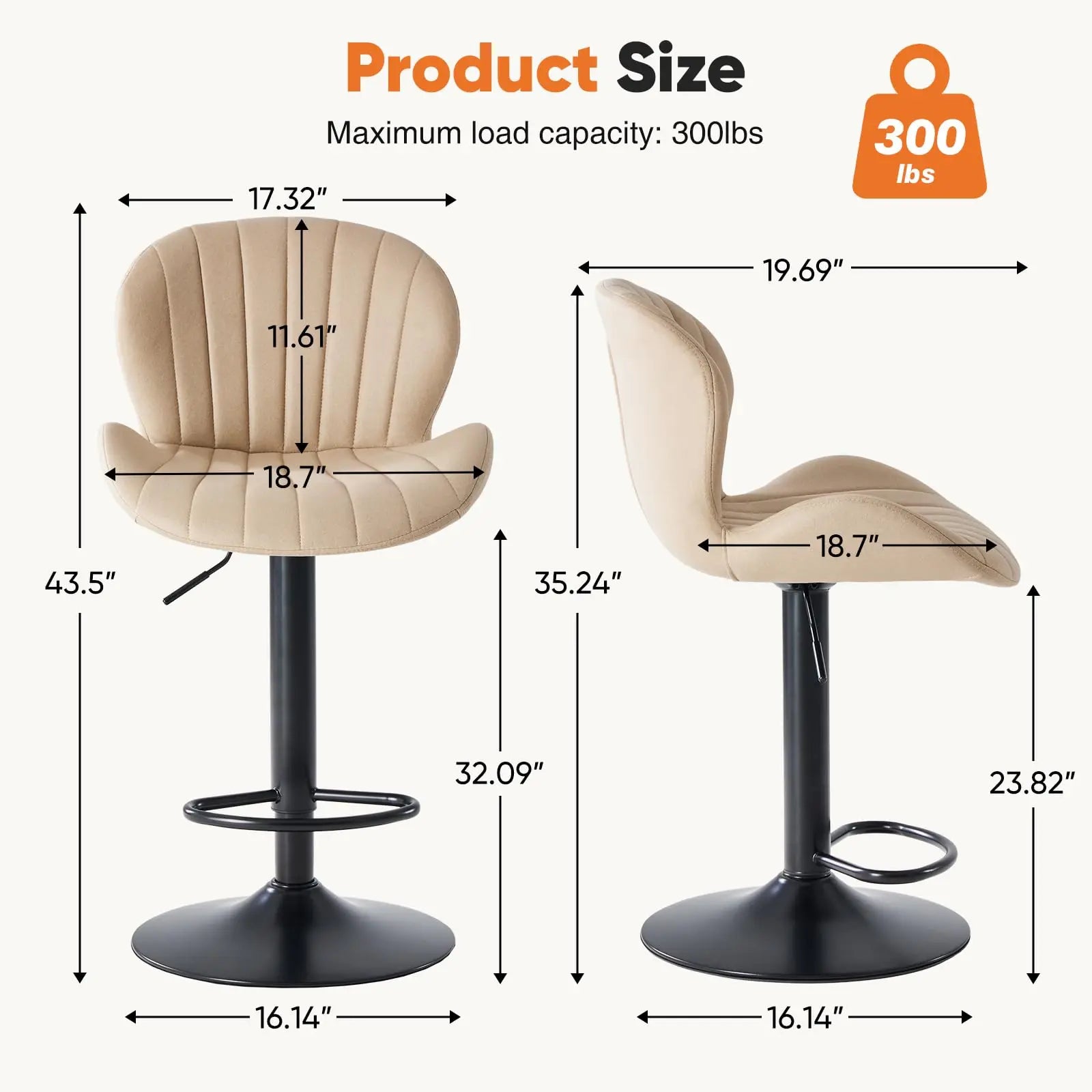 Measurement chart of a beige bar stool with dimensions and load capacity information.
