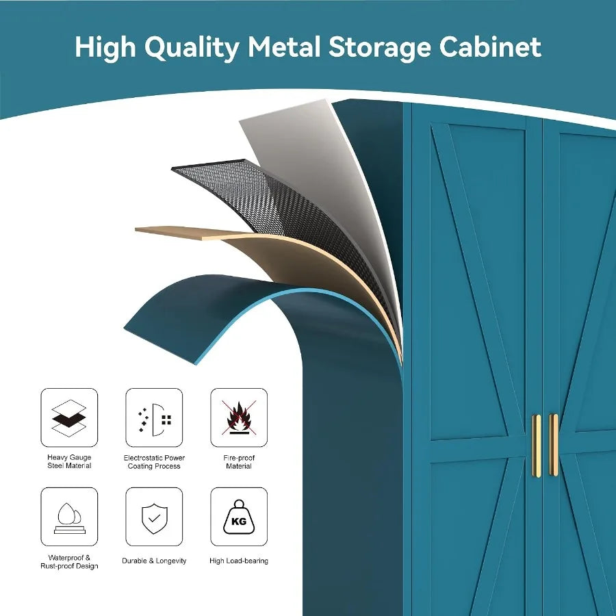 Material feature panel beside the blue wardrobe’s paneled metal doors.