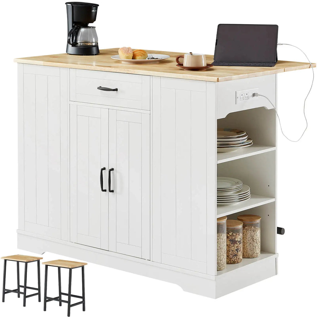 Sablecharm ivory island with side shelves, power panel and inset view of two stools