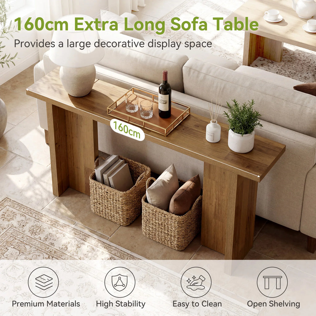Behind-sofa console table graphic highlighting the long display surface, with baskets staged on the floor.