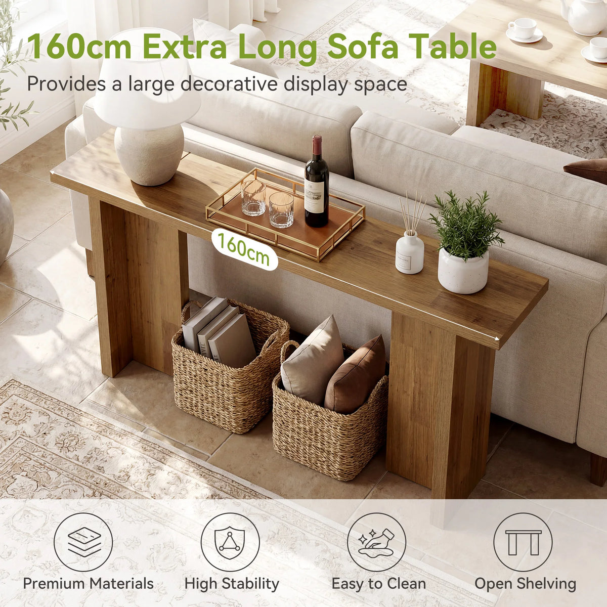 Behind-sofa console table graphic highlighting the long display surface, with baskets staged on the floor.