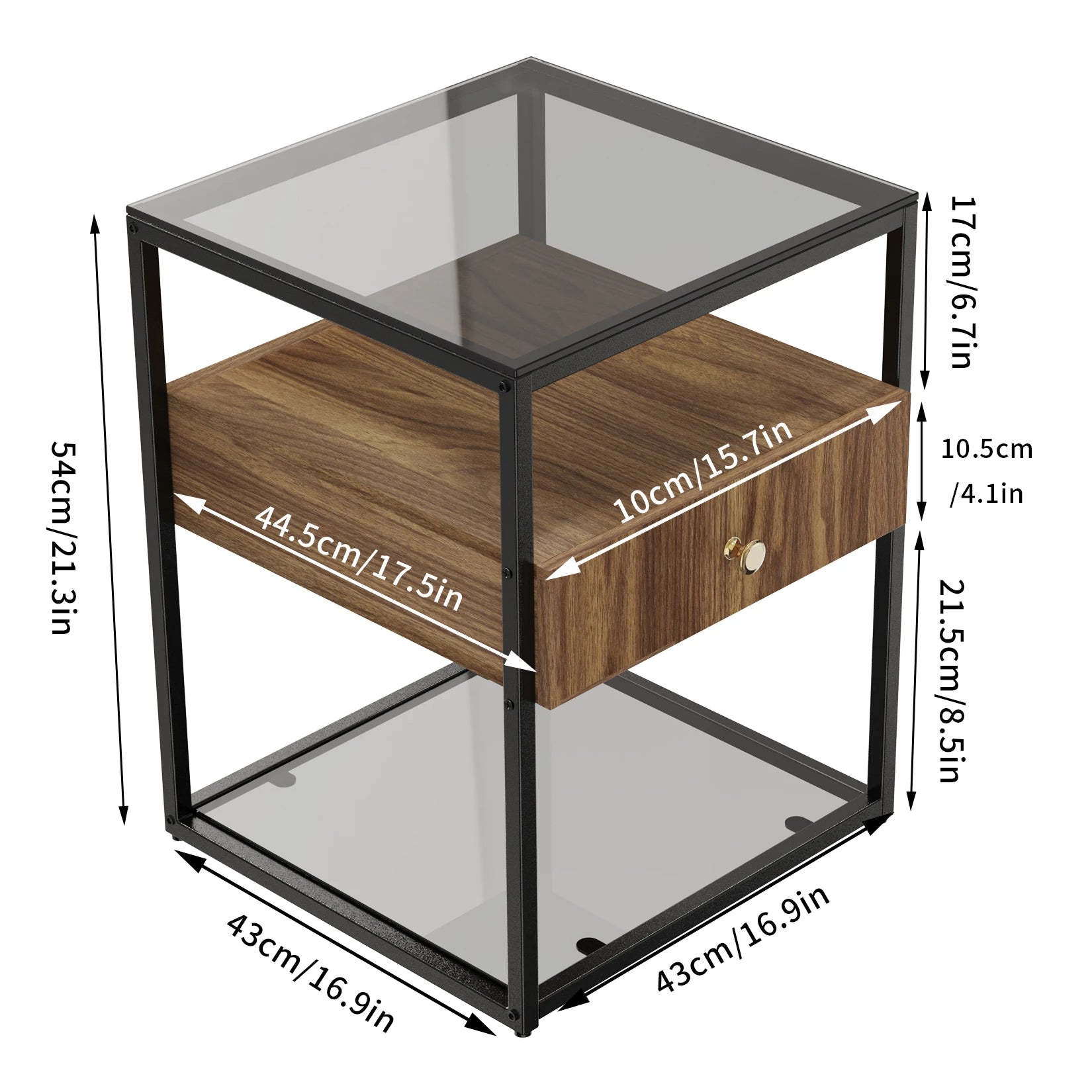 Side table with dimensions labeled on a white background
