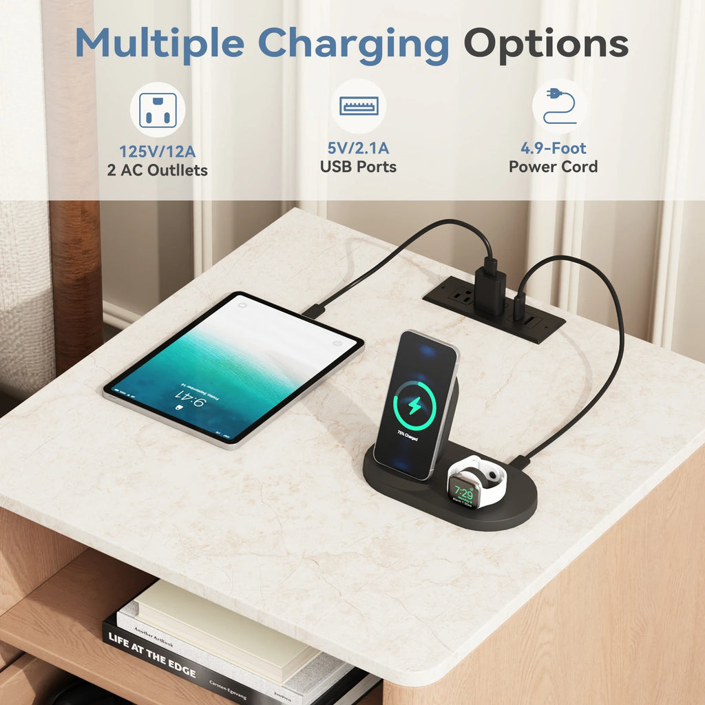 Power strip with multiple outlets and ports on a desk, charging a tablet, phone, and headphones.
