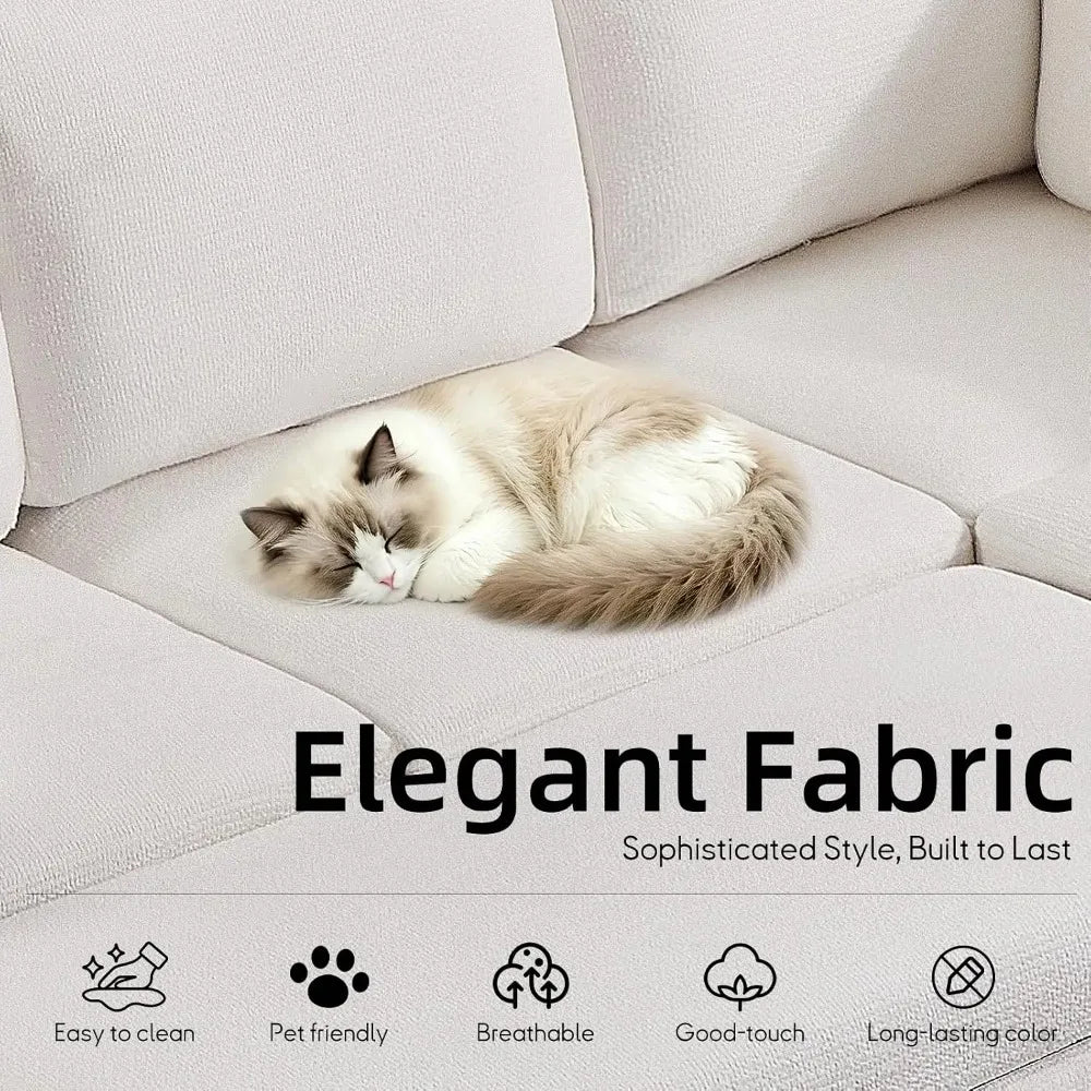 Close-up of Tovelle Beige textured fabric upholstery with a cat resting on the seat