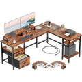 Rustic brown reversible L-shaped desk with two drawers, open shelves and monitor risers