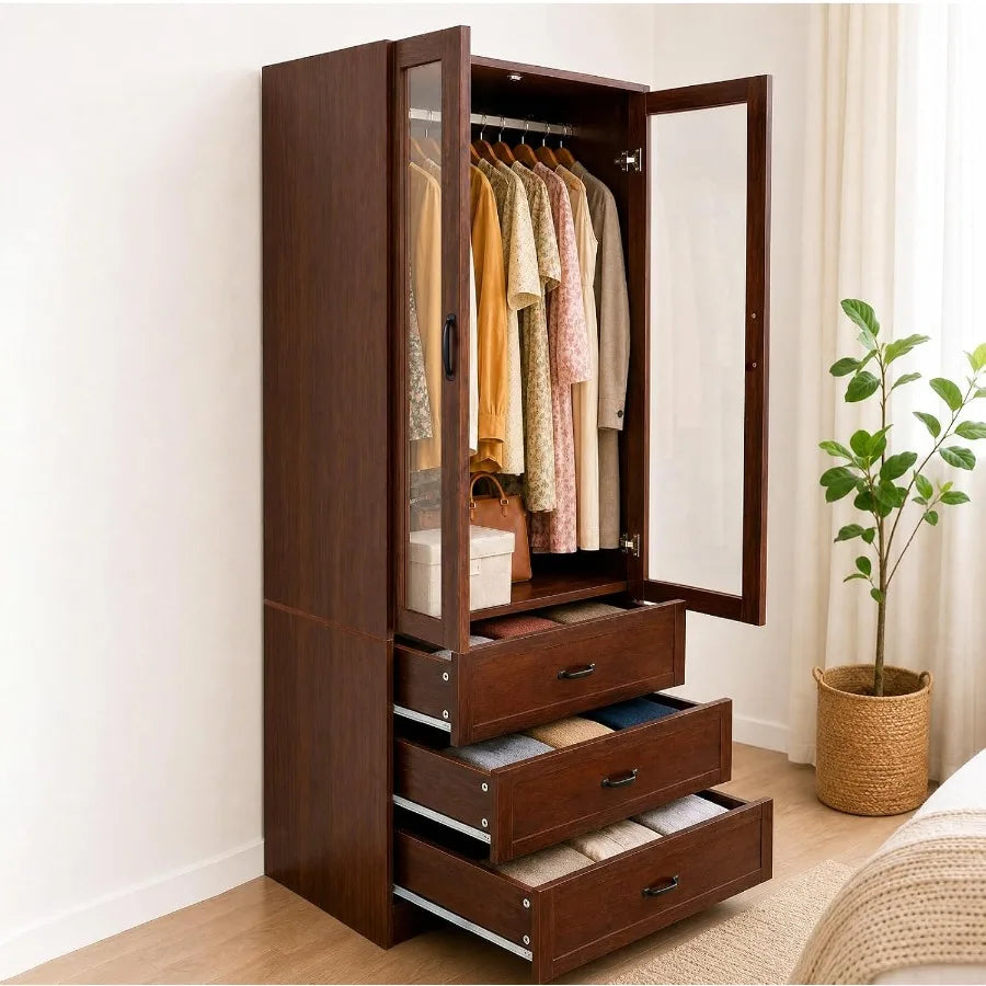 Open three-drawer wardrobe beside a bedroom window