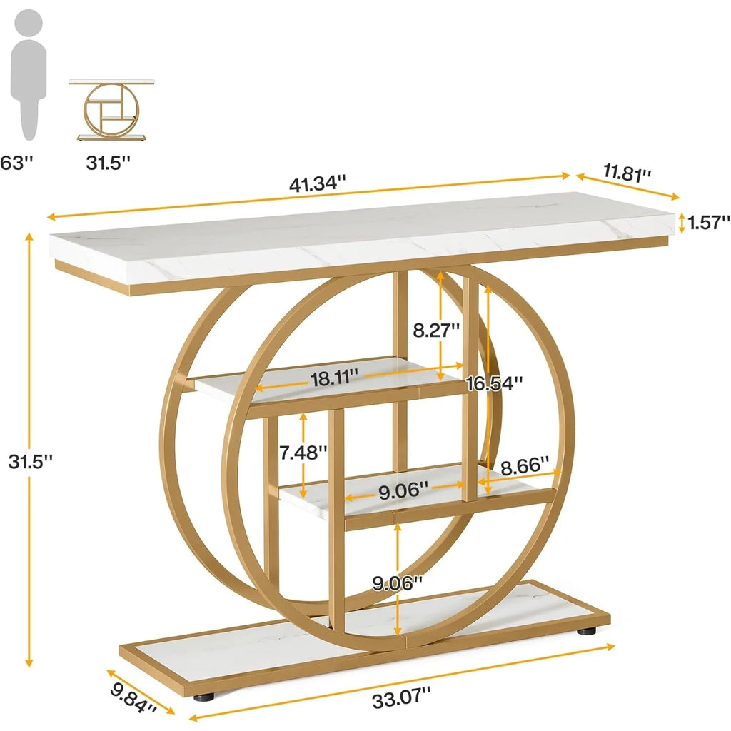 Console table with dimensions labeled on a white background