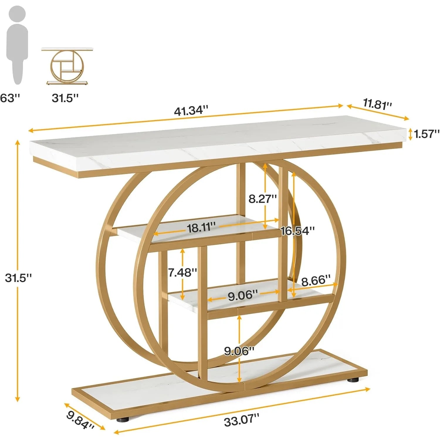 Console table with dimensions labeled on a white background