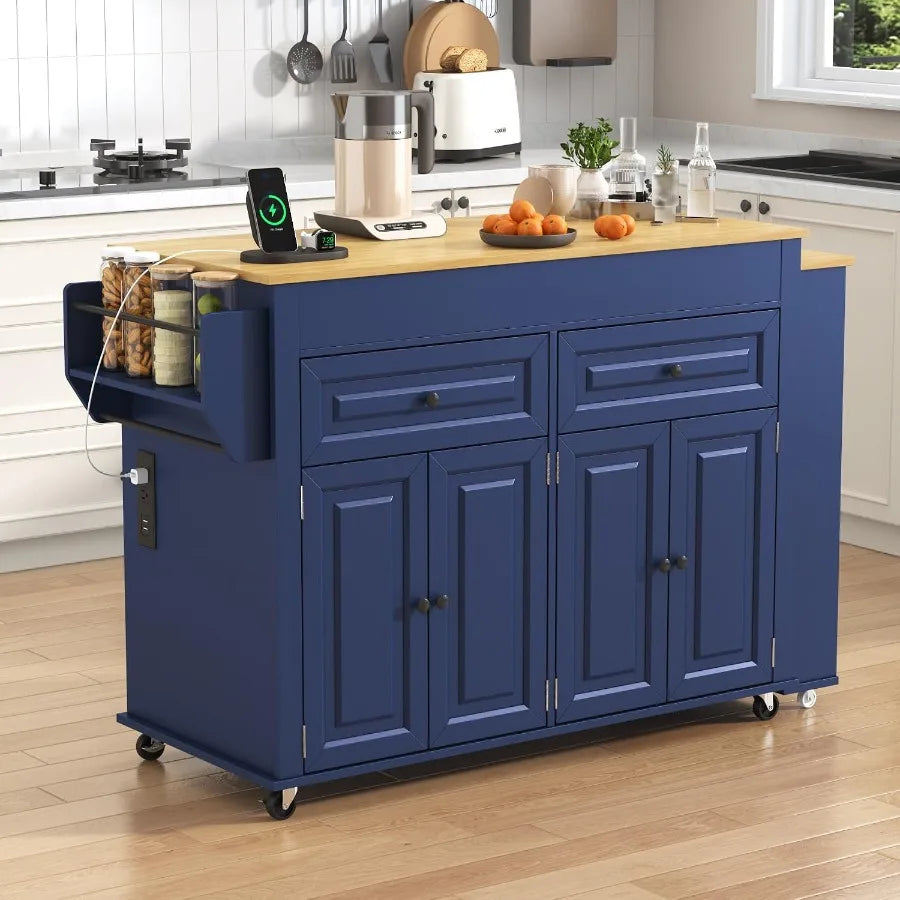 Closed blue kitchen island with charging outlets and side rack
