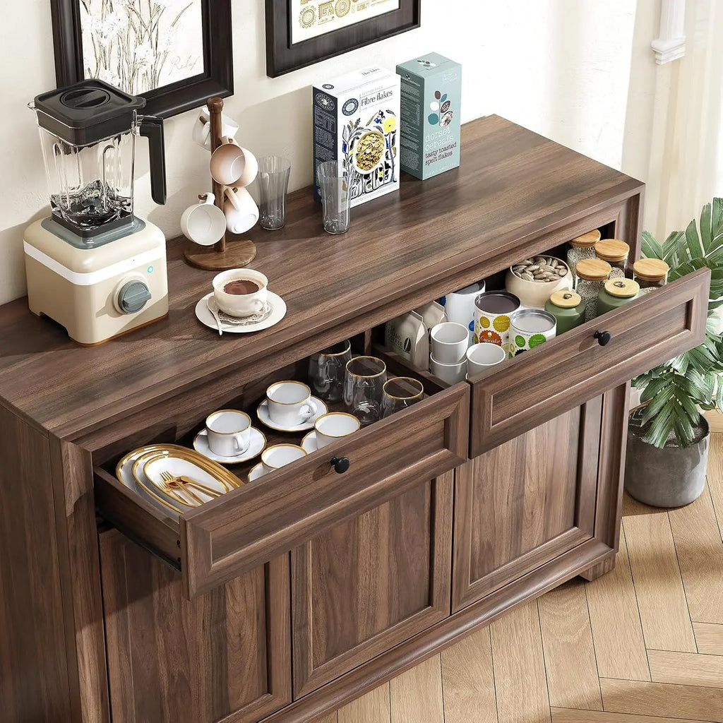 Two open drawers on the Olive Brown sideboard, shown with tableware.