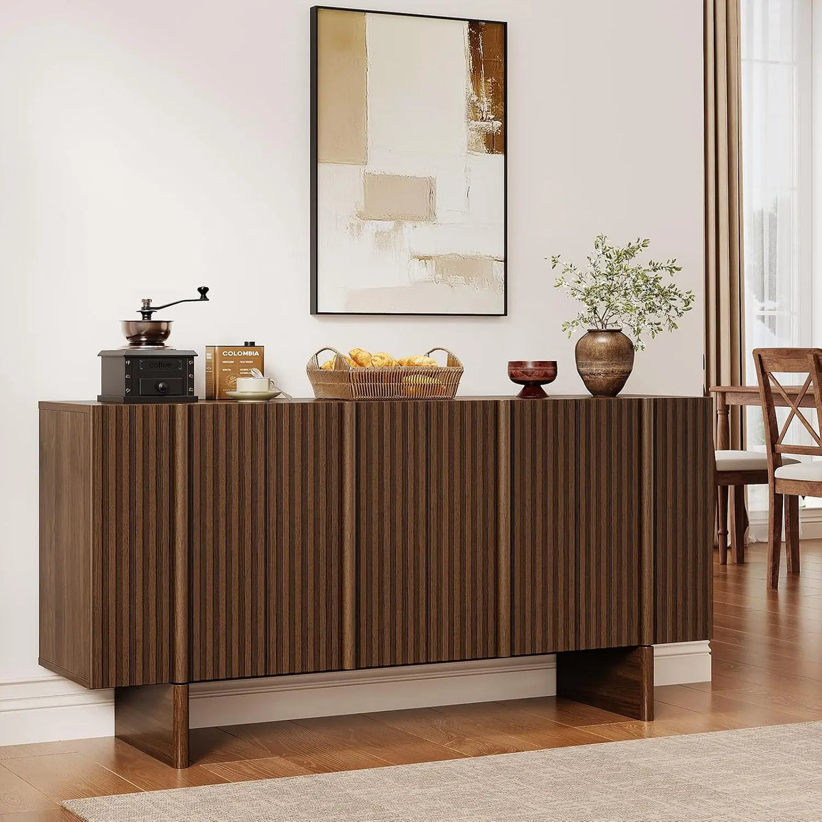 Silhouettehalo walnut-look sideboard with four fluted doors and a raised base