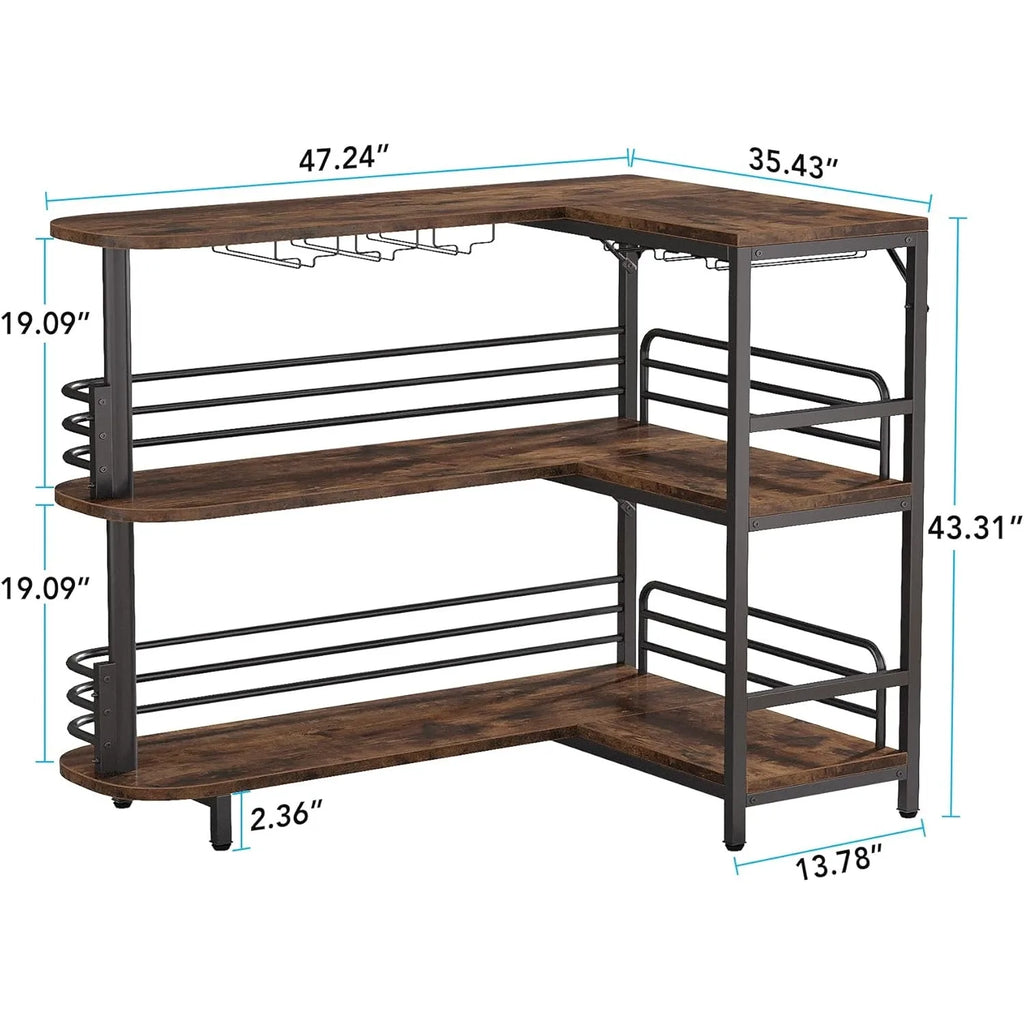 L-shaped wooden desk with metal legs and shelves, shown with dimensions on a white background.